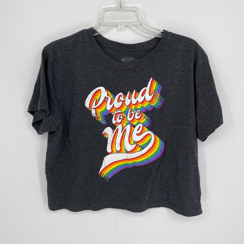 Mighty Fine Women's Charcoal Proud To Be Me Rainbow Graphic Crop T-Shirt Size XL